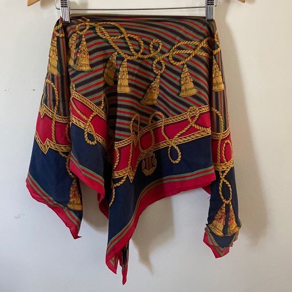 Vintage classic Ellen Tracy blue/gold/green/red Rope & Tassel Silk Scarf 33”x33” - Picture 5 of 10